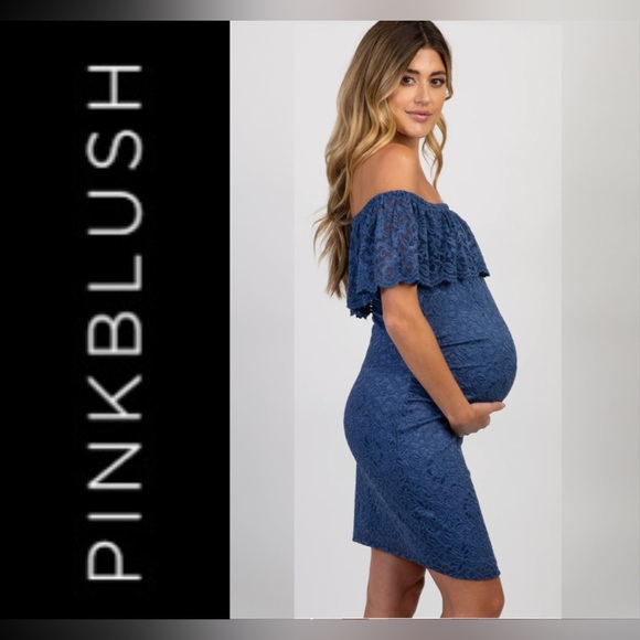 PINKBLUSH Blue Lace Off-Shoulder Fitted Maternity Dress, Size Small, LIKE NEW - Picture 1 of 11